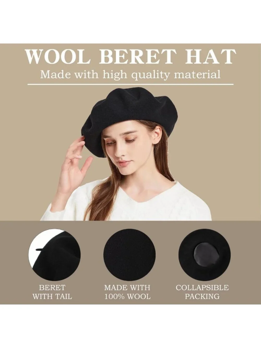 XXL Wool French Beret Hat | Satin Lined, Thick Felt Beanie for All Seasons